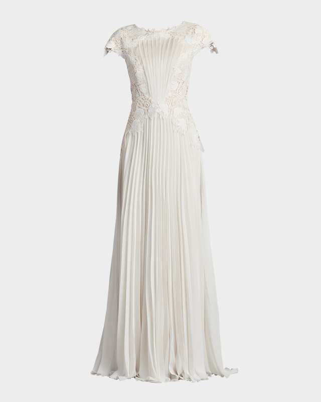Floral Lace & Pleated Chiffon Gown